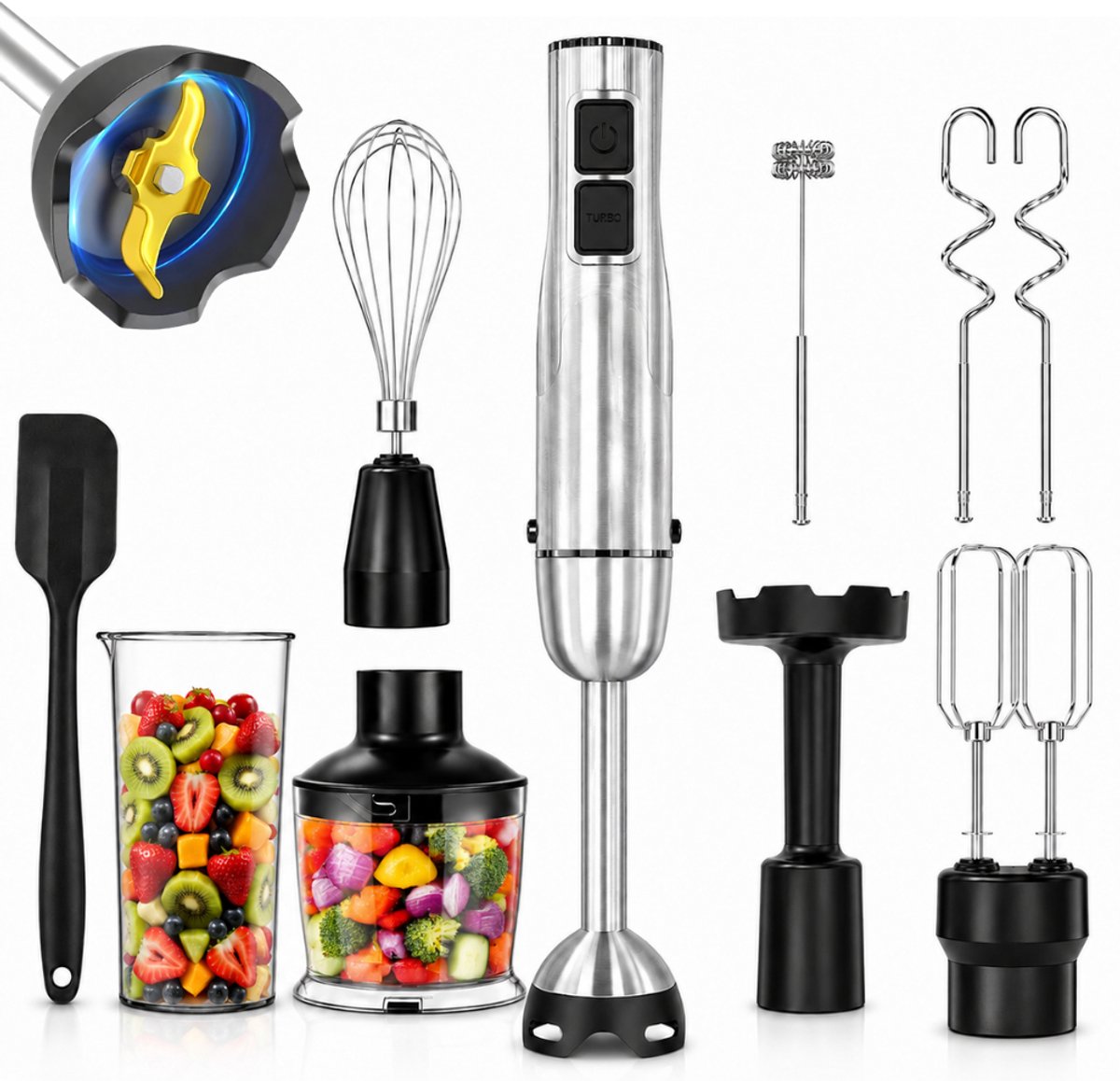 Organess Staafmixer 9-in-1 Set - 1200W - Vaatwasserbestendig - Incl. Titanium mes, Garde, Hakmolen, Maatbeker, Melkopschuimer, Aardappelstamper, Spatel, Deeghaken, Dubbele garde - 12 Snelheden + Turbofunctie - RVS