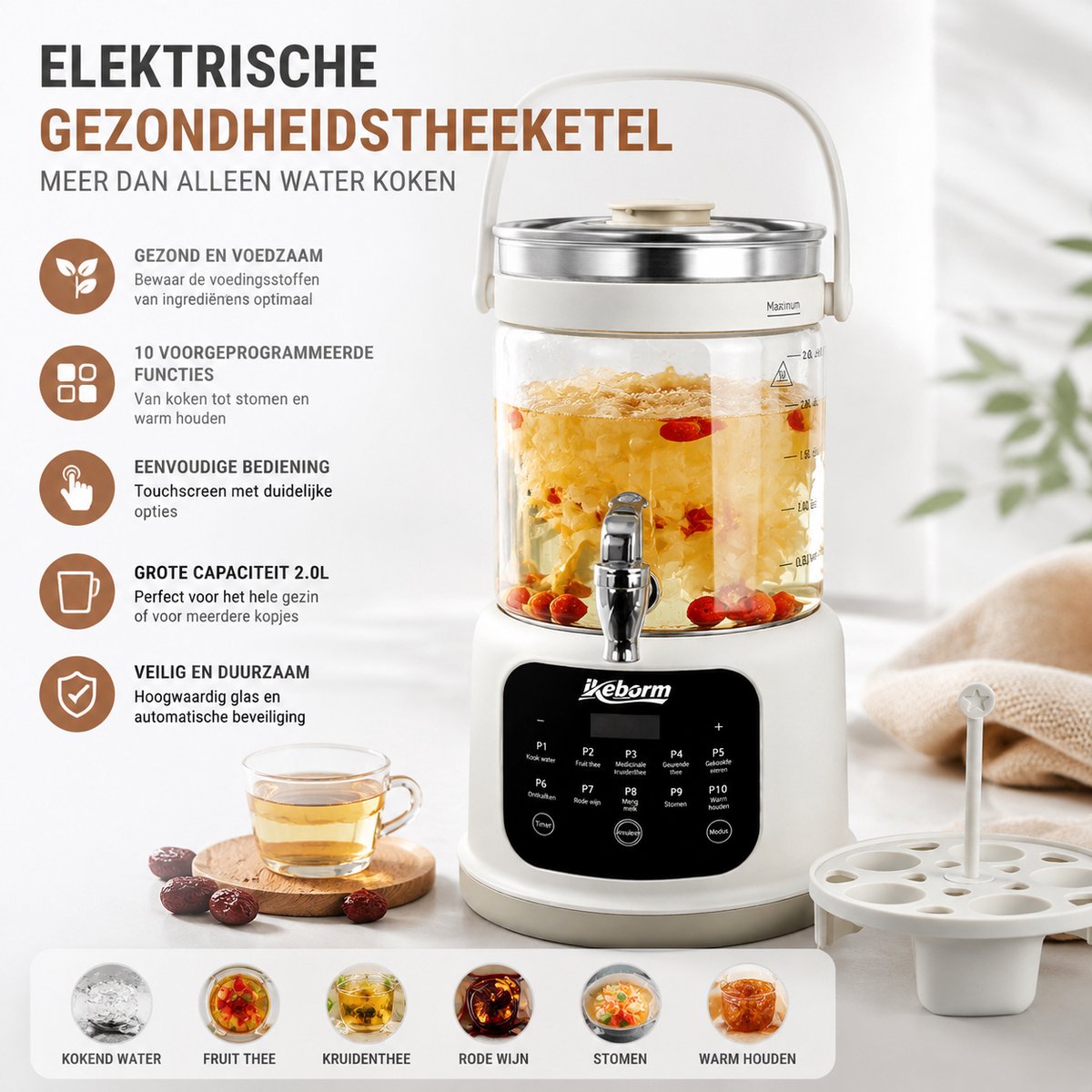Elektrische Theepot / Gezondheidskoker / Glazen Waterkoker – Met EU-stekker – Voor thee, soep, pap, warme dranken & babyvoeding – Glas – 1,5L – Incl. deksel, basis & handleiding