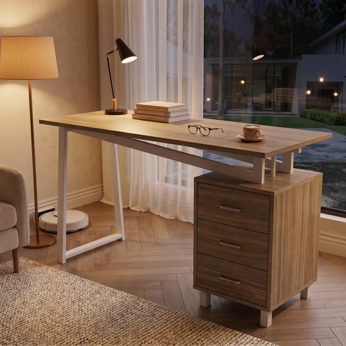 Bureau Met Lades - Computerbureau Met Opbergruimte - Naturel Wit 130cm