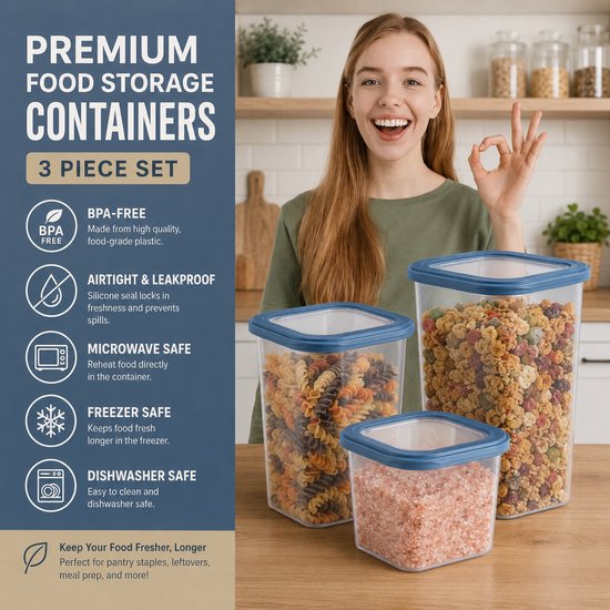 Ensemble de conservation alimentaire carré Soft Chef Viola 12 pièces (12 x 1850 ml) – Contenants alimentaires en plastique sans BPA avec couvercles beiges – Bacs de rangement hermétiques et lavables au lave-vaisselle