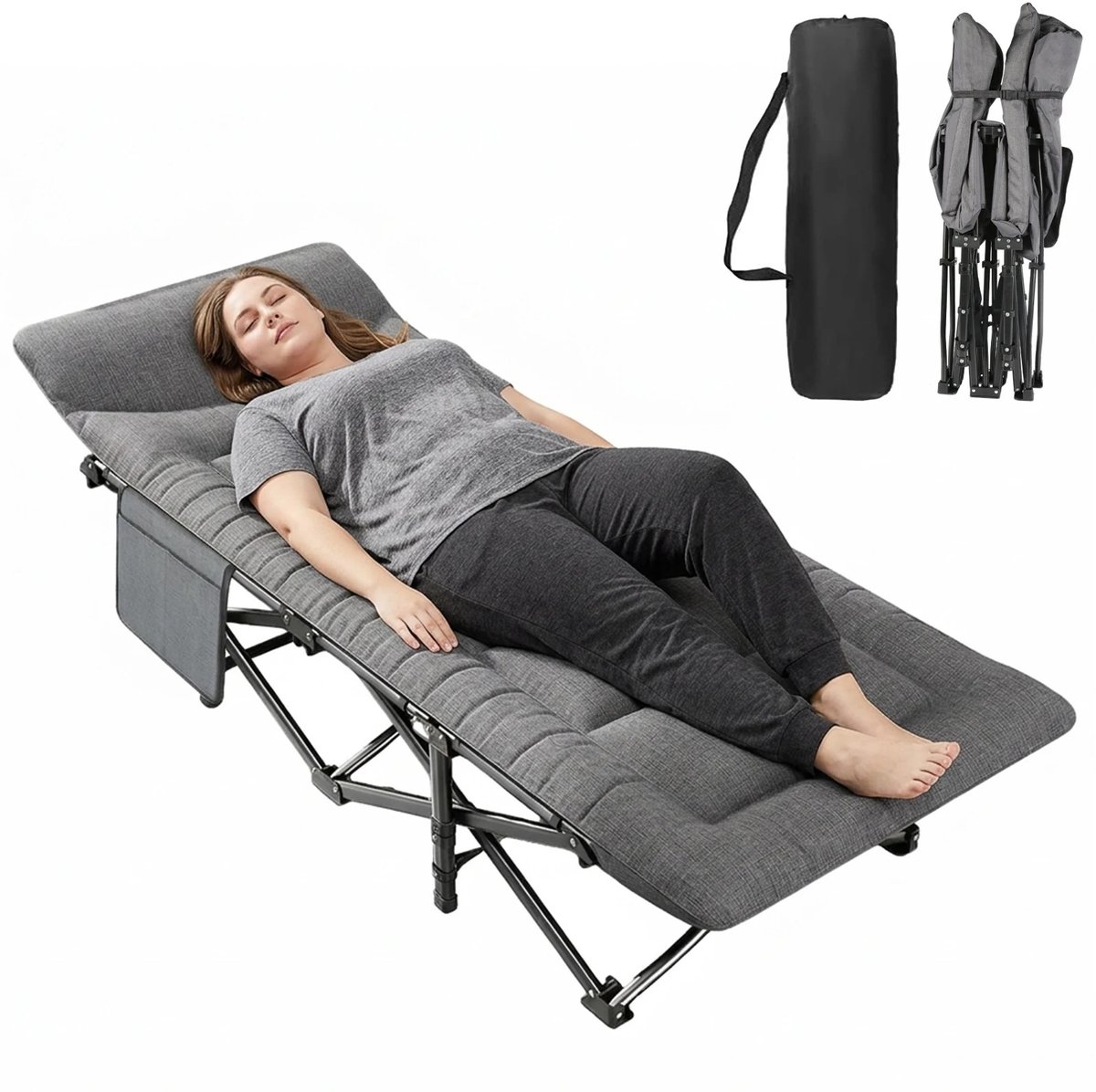 Velmio Campingbed - Stretcher - Kampeerbed - Opvouwbaar - Draagbaar - Strandstoel - Veldbed 1 Persoon - Kamperen - Zonnebed - Grijs