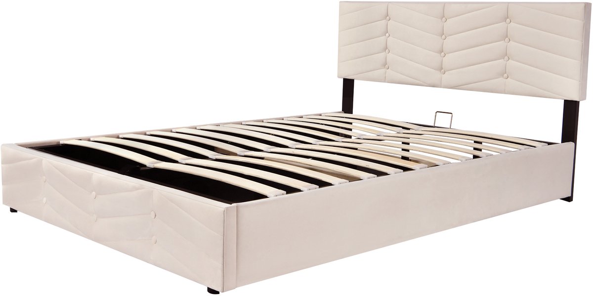 COVREO Bed met verstelbaar hoofdbord – 140x190 cm – Ledikant met lattenbodem – Slaapframe met bergruimte – Beige - zonder matras