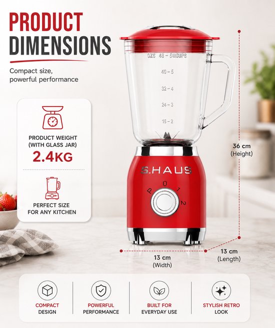 Swiss Haus® BL1915 Blender - 1.5L Glazen Kan - 2 Snelheden + Pulse Functie - 600W Smoothie Maker - Retro Design - Veiligheidsschakelaar - Vaatwasmachine Bestendig - Rood van Merkloos — afbeelding 4