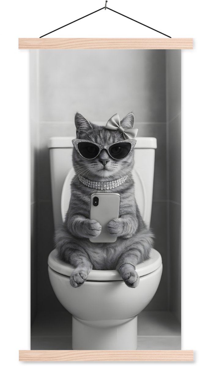Posterhanger incl. Poster 60x120 cm - Schoolplaat - Kat - Telefoon - Toilet - Zwart - Wit