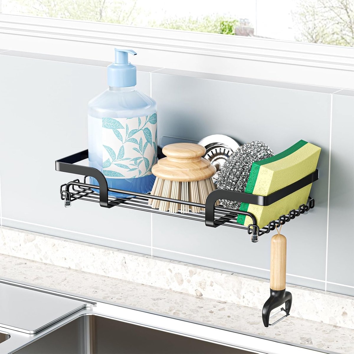 Ruimtebesparende Douche Caddy met Haken, Badkamer Plank voor Shampoo, Zeep en Cosmetica, 25 x 12 cm, Mat Zwart