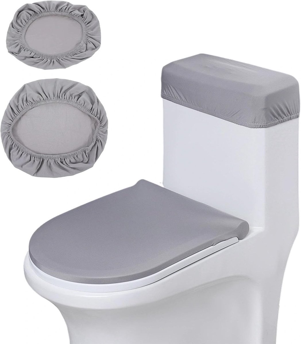Elastische donkergrijze toilethoezen voor toiletbril en tankdeksel, waterdicht en gemakkelijk te reinigen