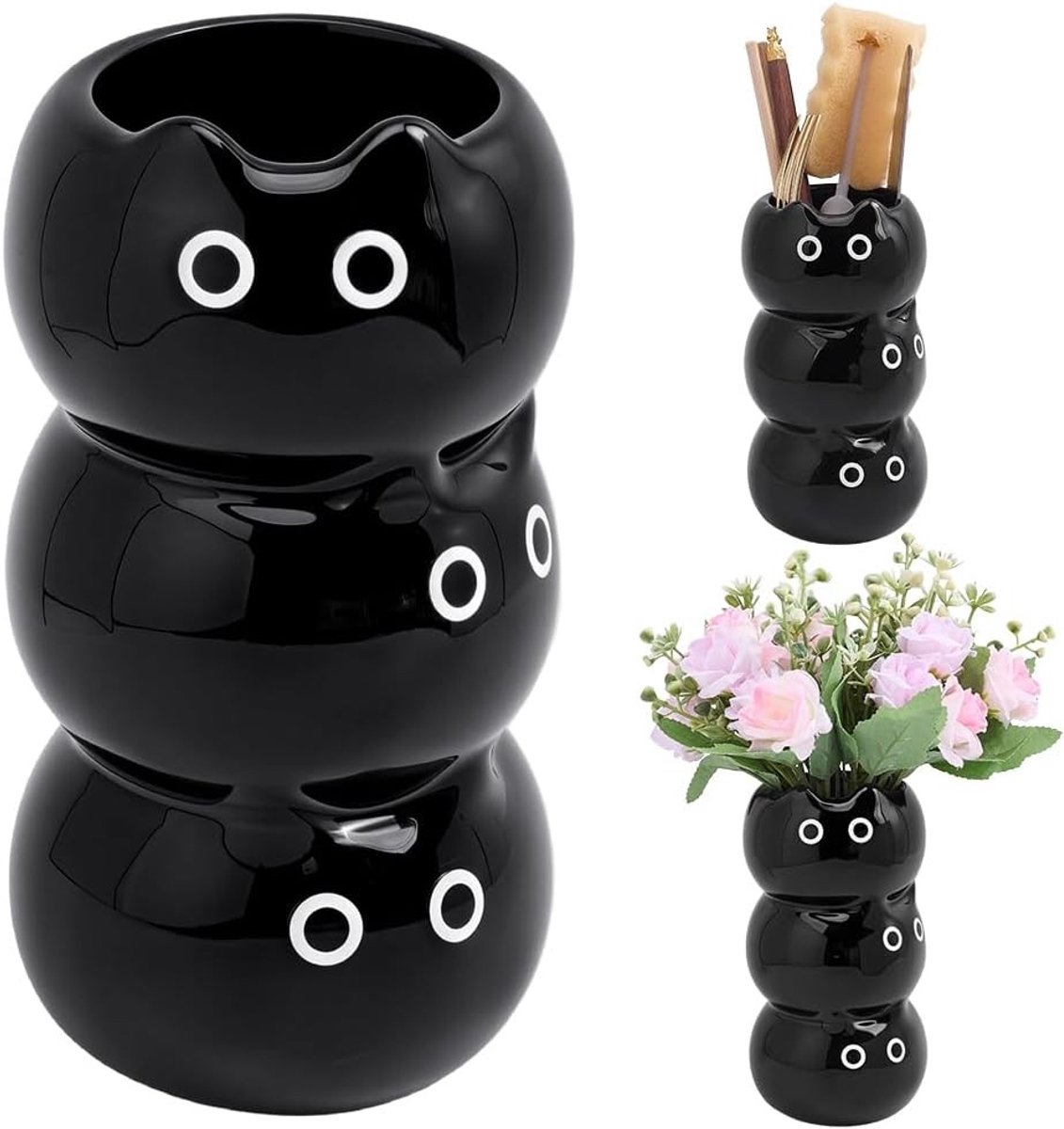 Zwarte kat keramische vaas 3D cartoon design voor kookgerei en make-up borstels, stijlvoll
