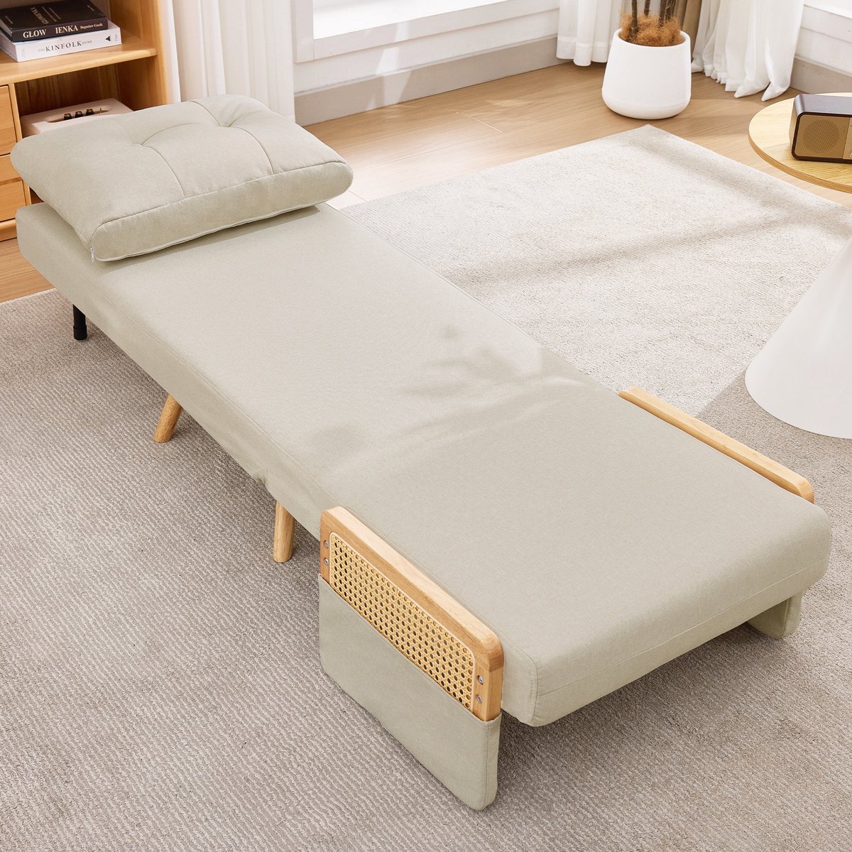 MIVRAY Fauteuil 67,5 x 73 x 86,5 cm - 3-in-1 Slaapfauteuil Met 5-Standen Rugleuning - Voor Woonkamer En Logeerkamer - Linnen Beige