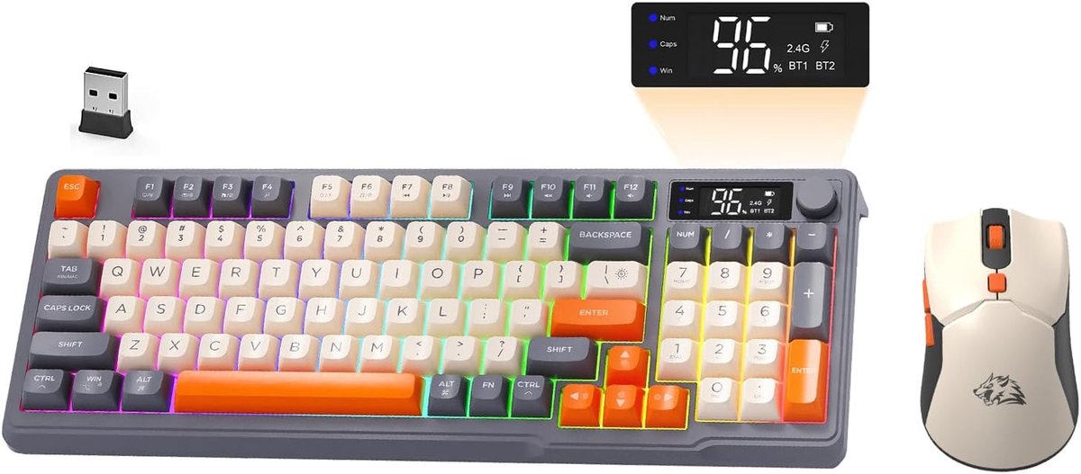 Thijox - Draadloos Gaming Toetsenbord Muis Set met Regenboog Achtergrondverlichting, Bluetooth/2.4GHz, Oplaadbaar QWERTY Toetsenbord en Smart Display,