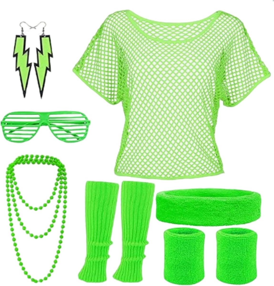 90s Retro Outfit voor Dames met Nettop, Legwarmers en Ketting - Perfect voor 80s/90s Themafeesten en Flashdance Party's