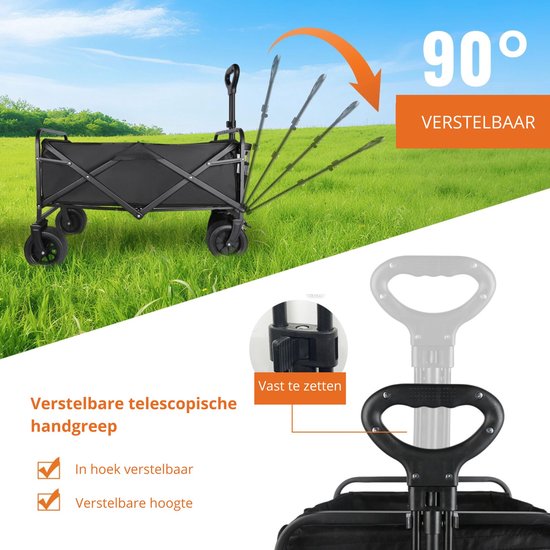 Evaux Boutiqu Bolderkar - Opvouwbaar - 150L - Transportwagen met verstelbare handgreep, robuuste stevige wielen, Inklapbare tuinwagen - Bolderkar voor strand, boodschappen en buiten - 90 x 47 x 96 cm - Zwart — afbeelding 3