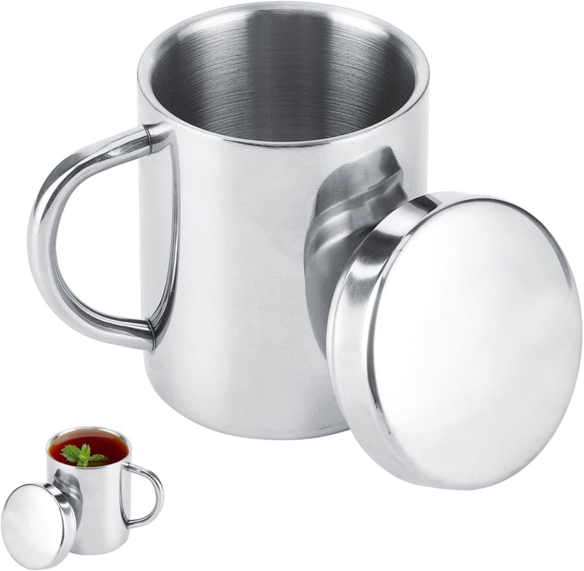 Dubbelwandige RVS Koffiemokken met Deksel en Handvat voor Koffie, Thee en Kamperen - Ideaal voor Buitenactiviteiten en Reizen