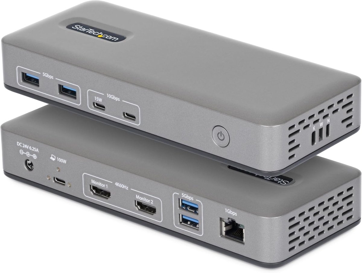 Thijox - Dual-Monitor USB-C Docking Station, 4K 60Hz HDMI, 100W Power Delivery, 6x USB 10Gbps, Gigabit Ethernet, Driverless DP Alt Mode voor Windows L