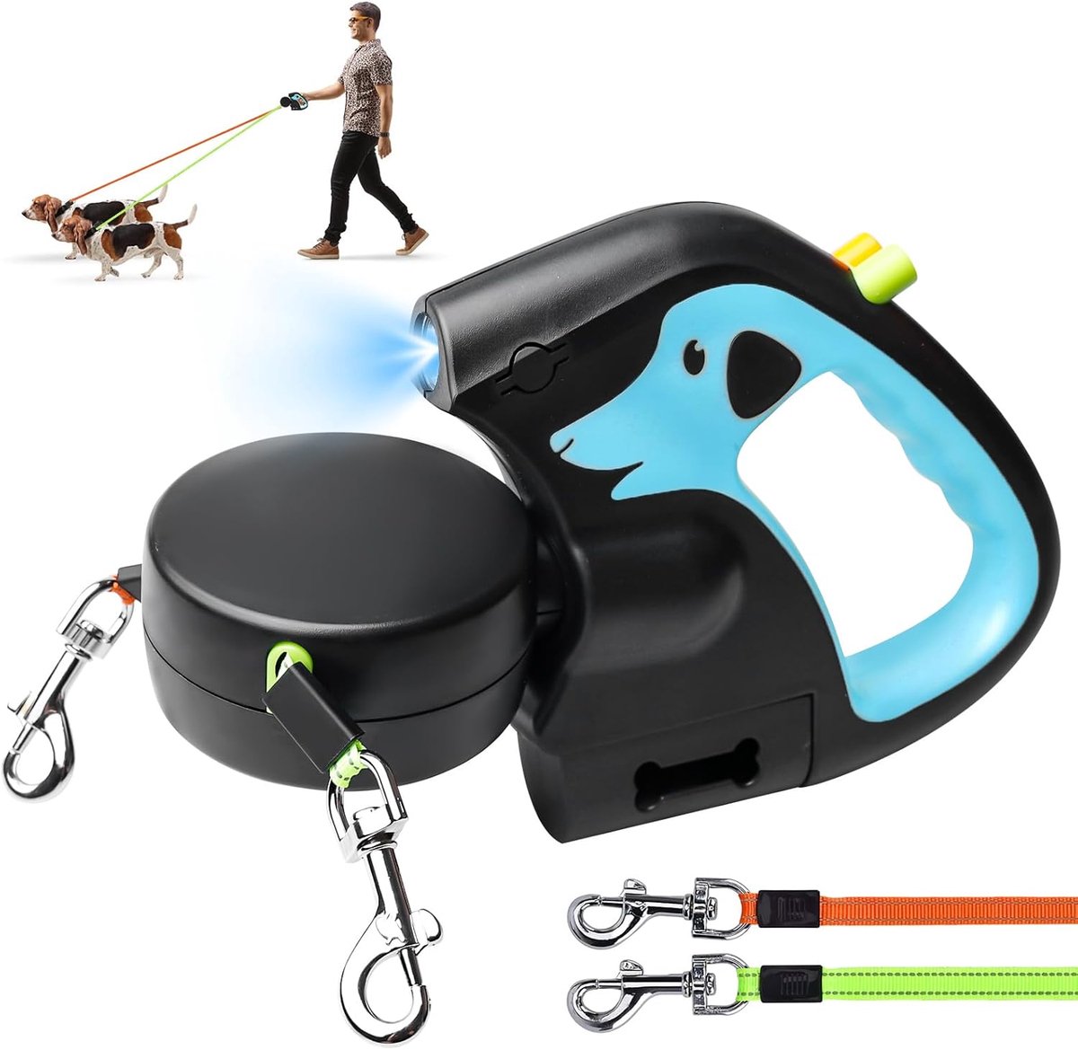SnelShoppen - Dubbele intrekbare hondenriem met LED-lamp, 3m rollijn voor 2 honden, flexibel en antislip handgreep, snelremknop voor kleine en middelg