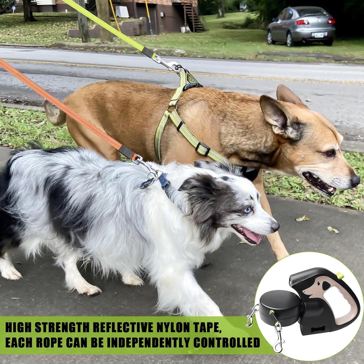 Thijox - Dubbele intrekbare hondenlijn met LED-licht, uittrekbare rollijn voor 2 honden, 3m Flexi hondenlijn, antislip handgreep met snelstopknop voor thumbnail 4