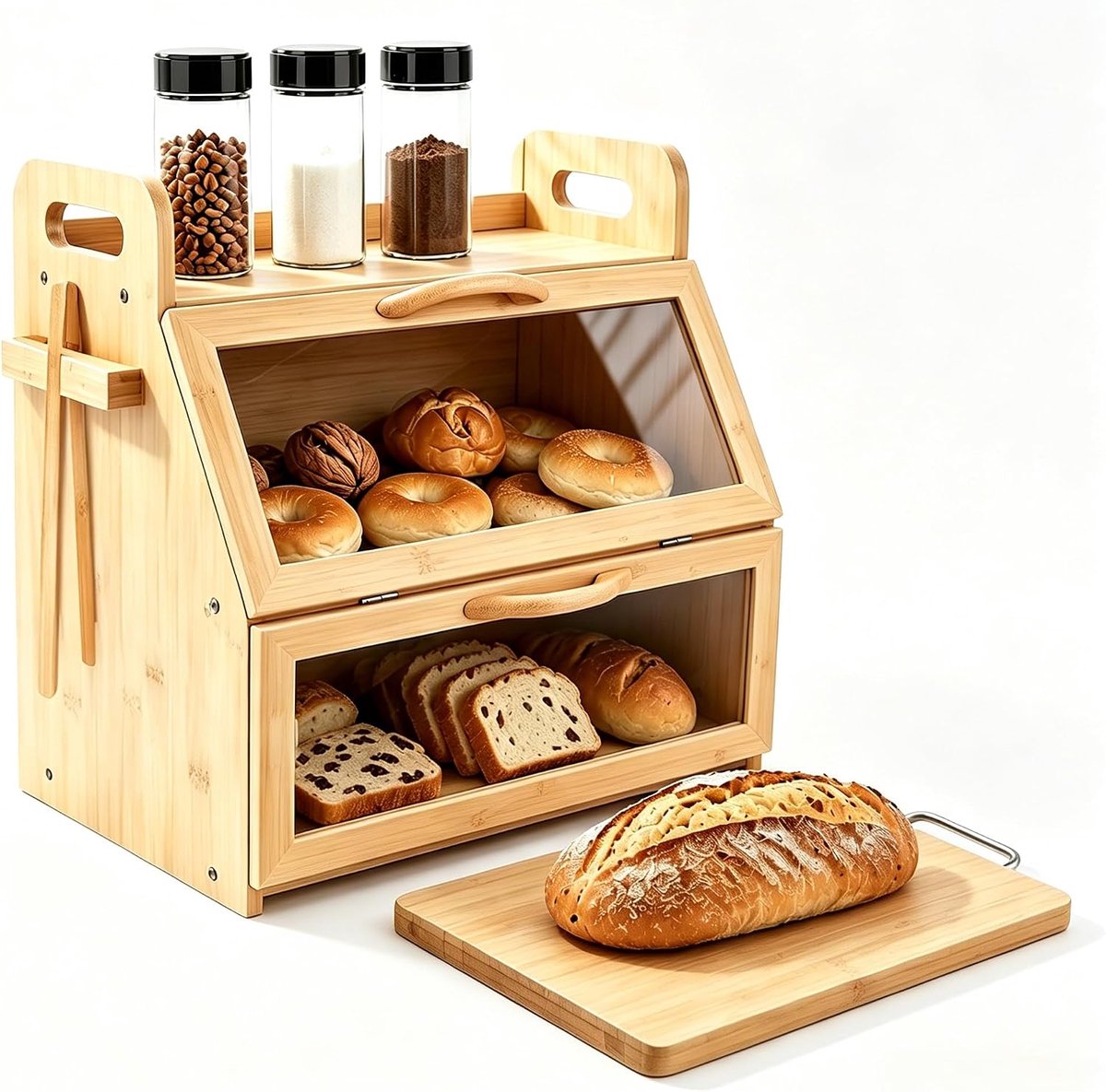 SnelShoppen - Broodtrommel van Bamboe 2 Etages, Grote Broodopslag, Voedselveilig, Onderhoudsvriendelijk, Moderne Keuken, Houtkleur, 38,9 x 37,8 x 27,9