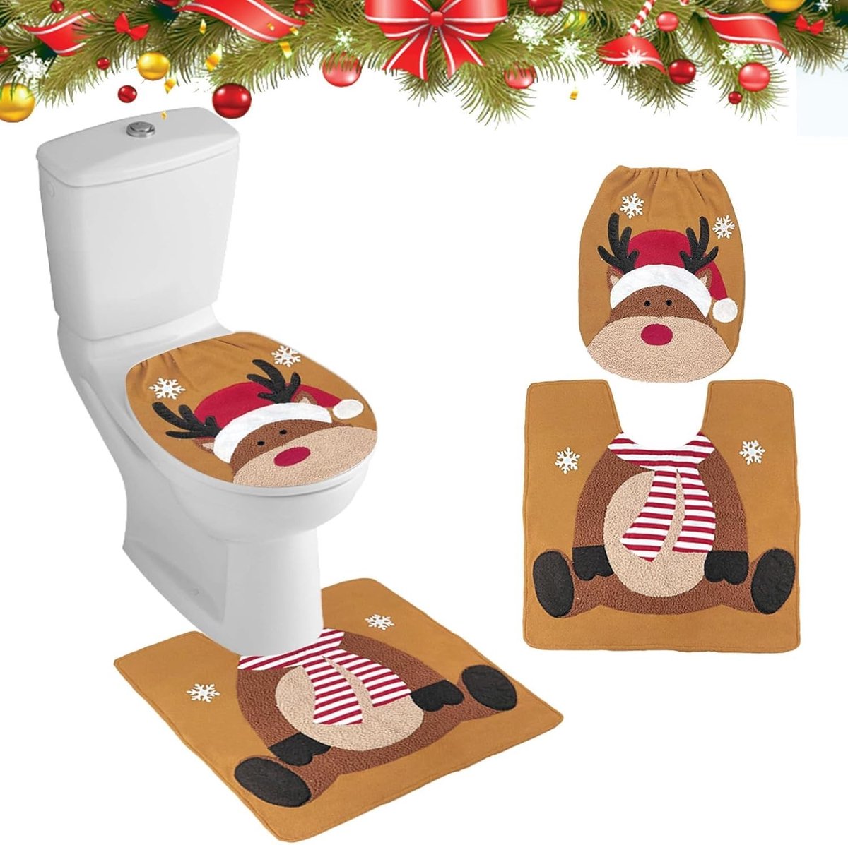 Kerst Toiletset met Santa Claus Deksel, Badkamerdecoraties, Kerstversiering en Vloerkussen