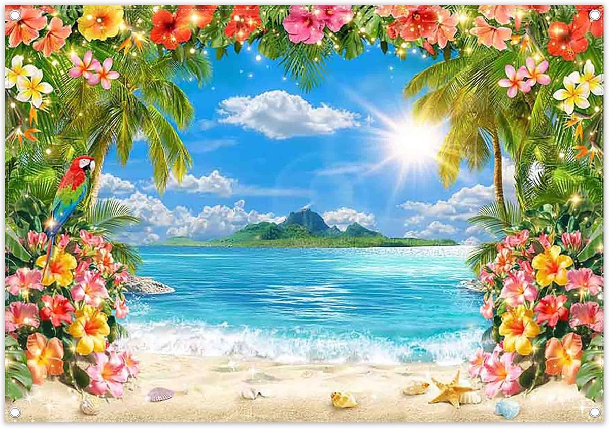 Thijox - Luminora 2,1 x 1,5 m Zomer Hawaiiaanse Strandfotografie Achtergrond - Tropische Palmbomen Bloemen Achtergrond aan Zee - Luau Aloha Feestdecor