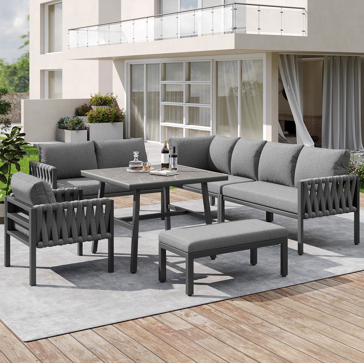 DESMIU Loungeset 238 x 61 x 78 cm - Hoek Loungeset Met Tafel En Kussens - Voor Tuin En Terras - Metaal En Polyester - Grijs