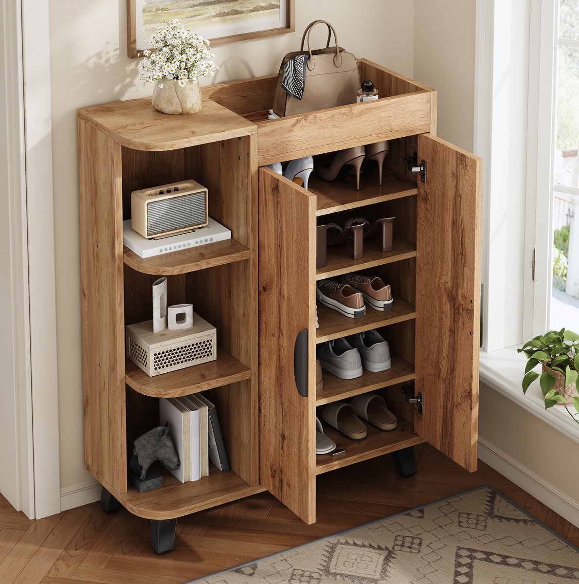 FloraGrace Schoenenkast - Smal Design Met Open Vakken En Dubbele Deur - Voor Gang En Kleine Ruimtes - Spaanplaat - 80x32x99 Cm - Naturel