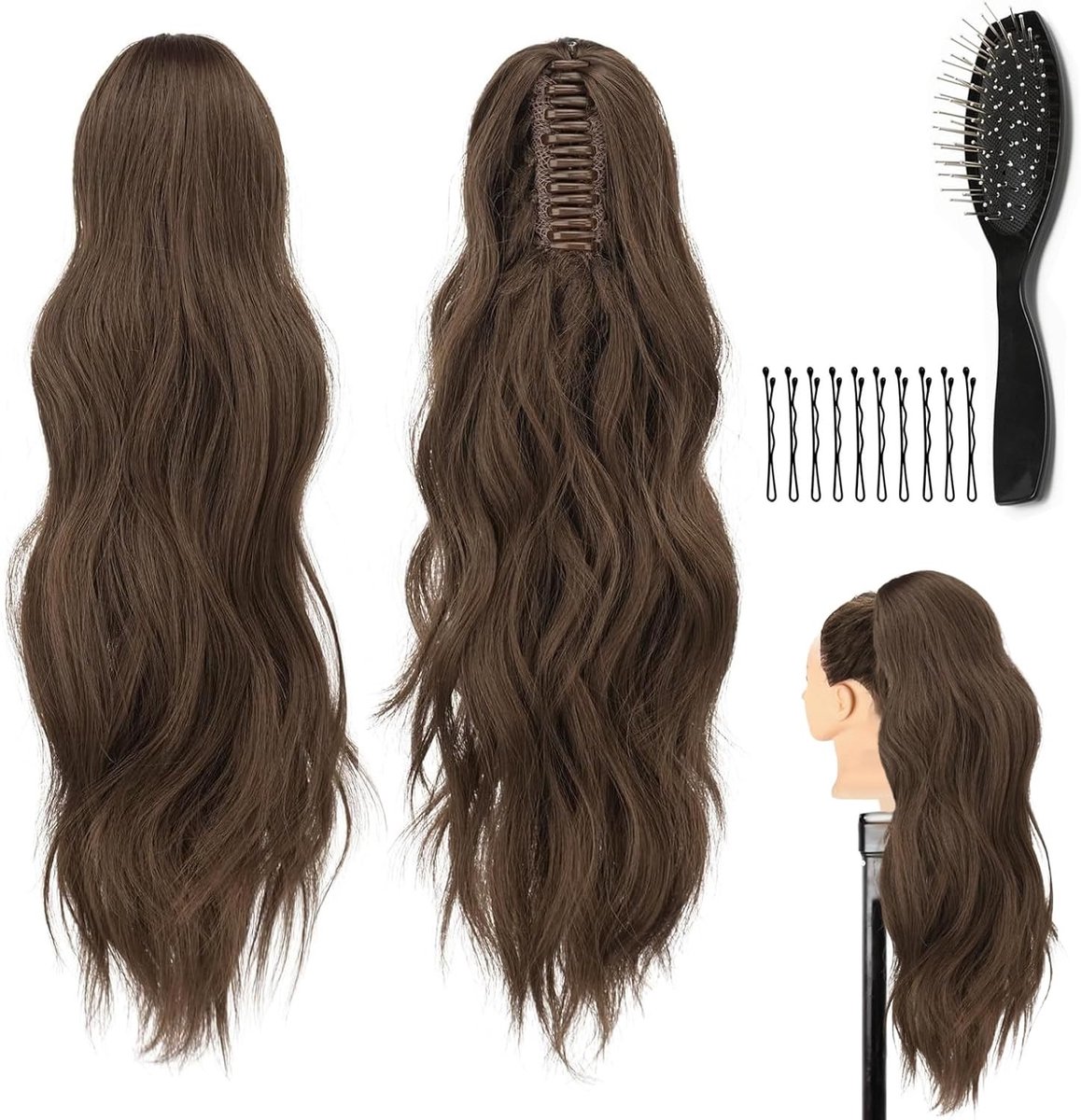 Fluffy en Lichtgewicht 60 cm Krullende Ponytail Extension met Vlecht en Klemmen voor Vrouwen - Synthetisch Haar in Lichtbruin (810#)
