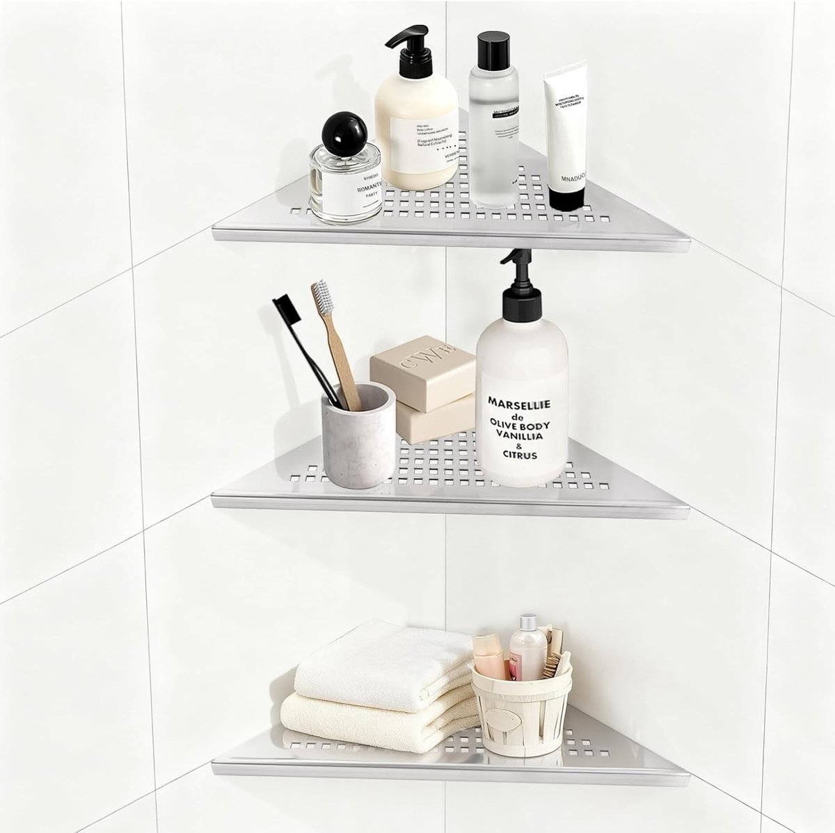 Set van 3 Hoekrekken voor de Douche van RVS 304 - Badkamer Hoekplank Zonder Boren, Douchehouder met Grid Ontwerp en Geïntegreerde Geborstelde Afwerking (254 mm x 254 mm)