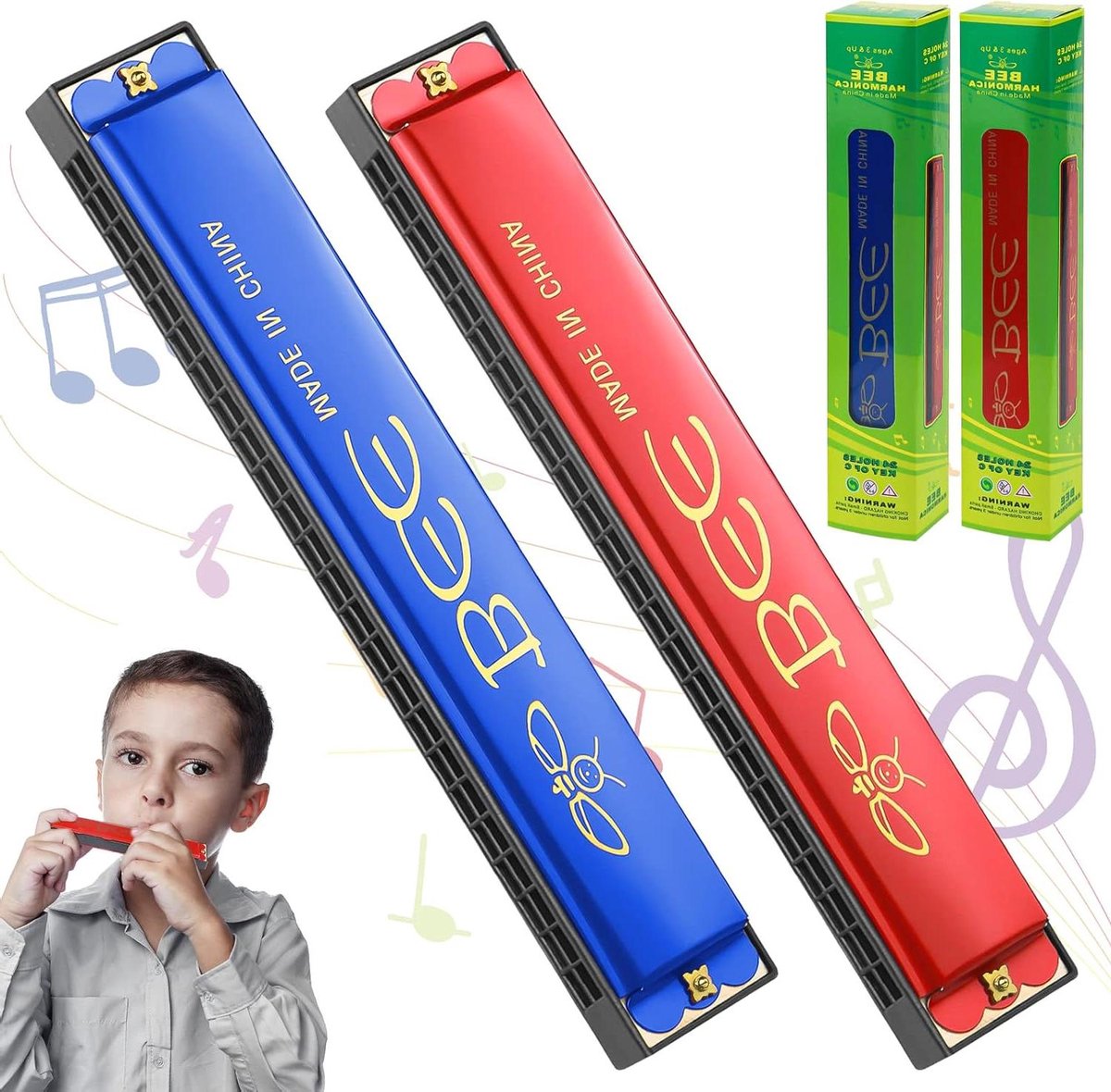 Mondharmonica Set - 24 Gaten - Muziek Maken - Aluminium Kunststof - 2 Stuks - Blauw Rood