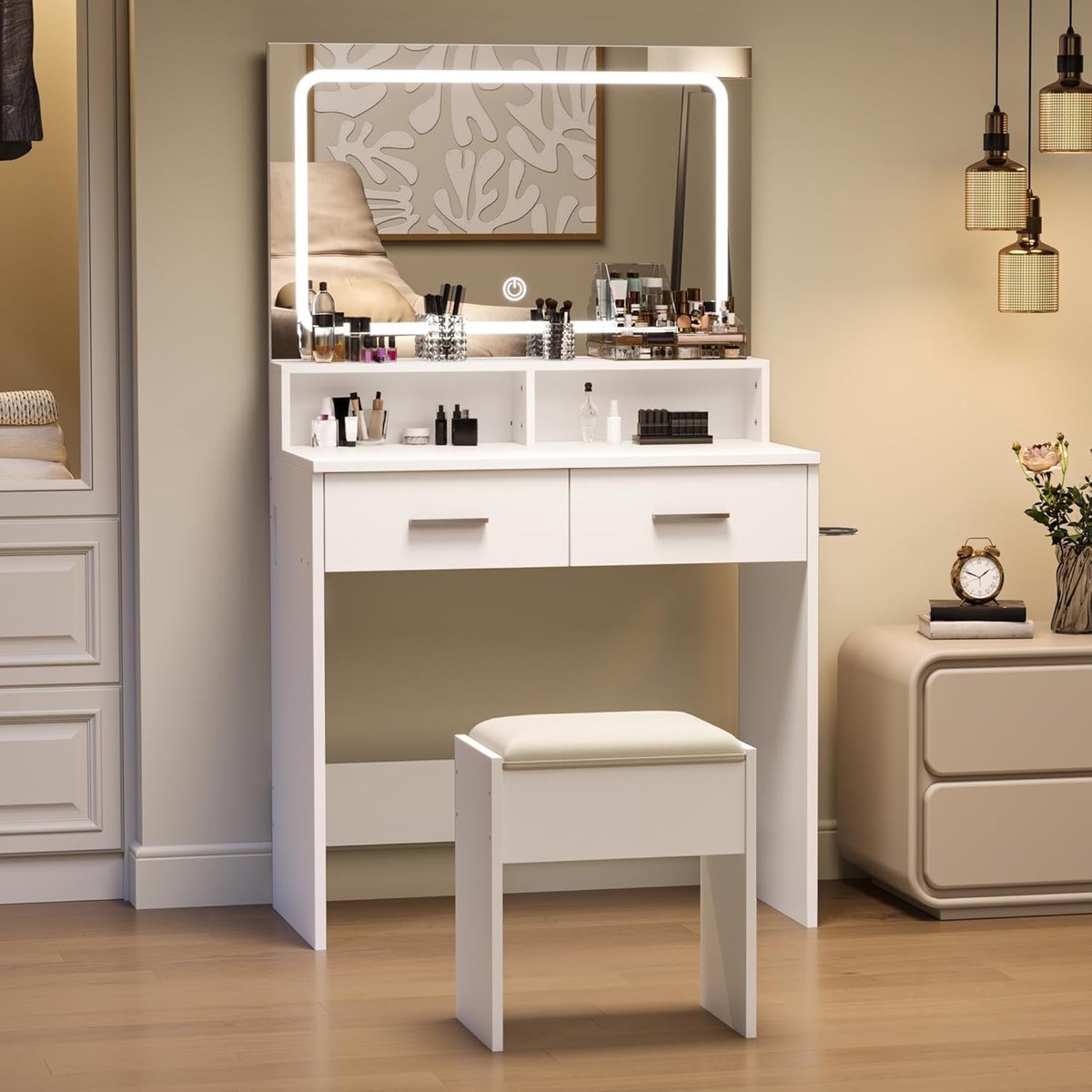 Moderne Kaptafel met LED Spiegel en Krukje - Make-up Tafel met 2 Lades en 2 Open Vakken - 3 Lichtstanden - Wit - 80 x 39 x 136 cm