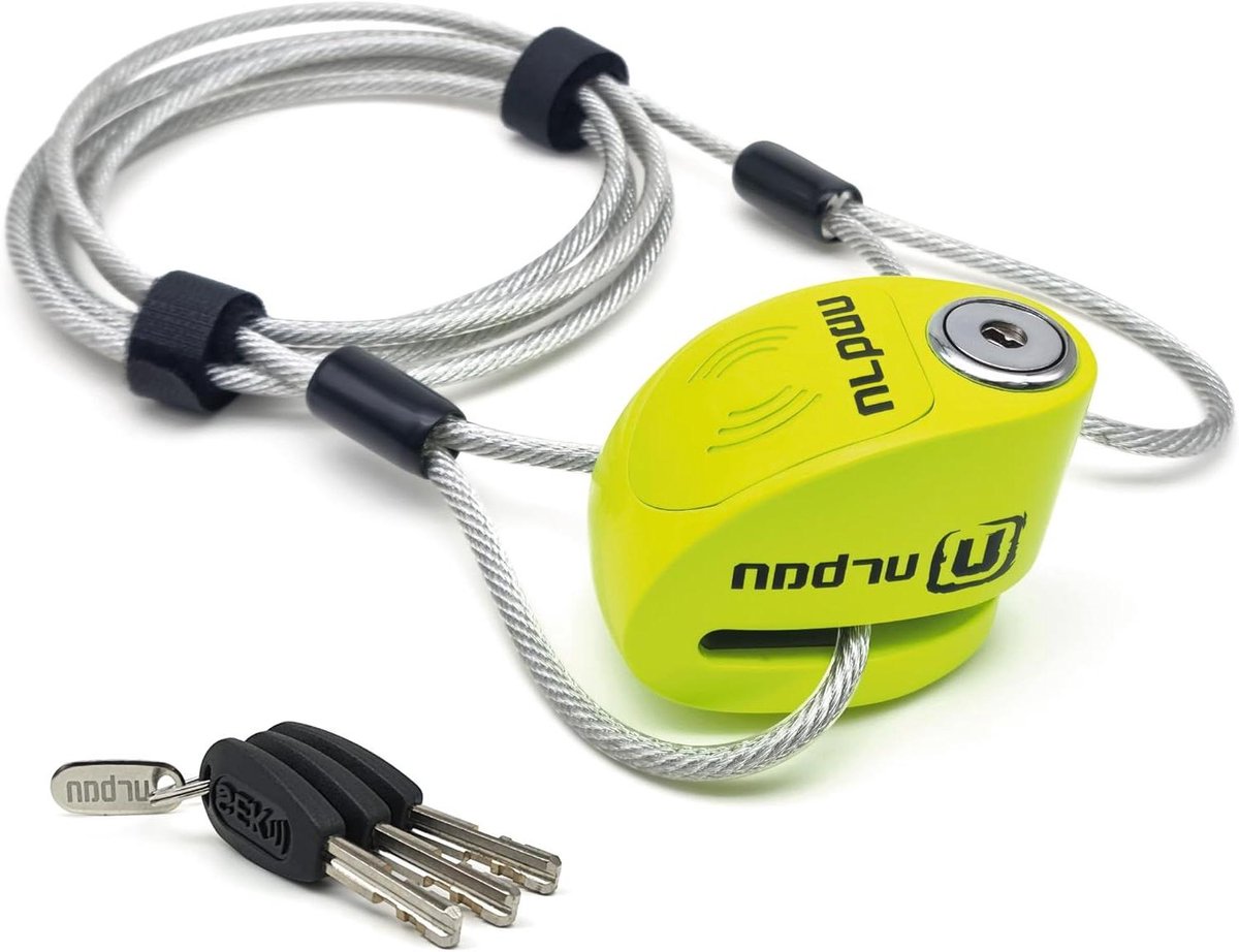 Hangslot met kabel - Schijfslot alarm - Motorfiets beveiligen - 120 dB alarm - 2 meter kabel - Fluoriserend geel