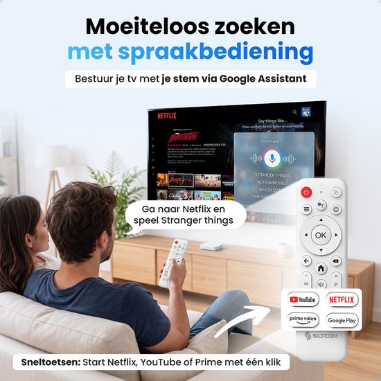 Koppel met Google Assistant voor spraakbesturing, bekijk Netflix op een tv.