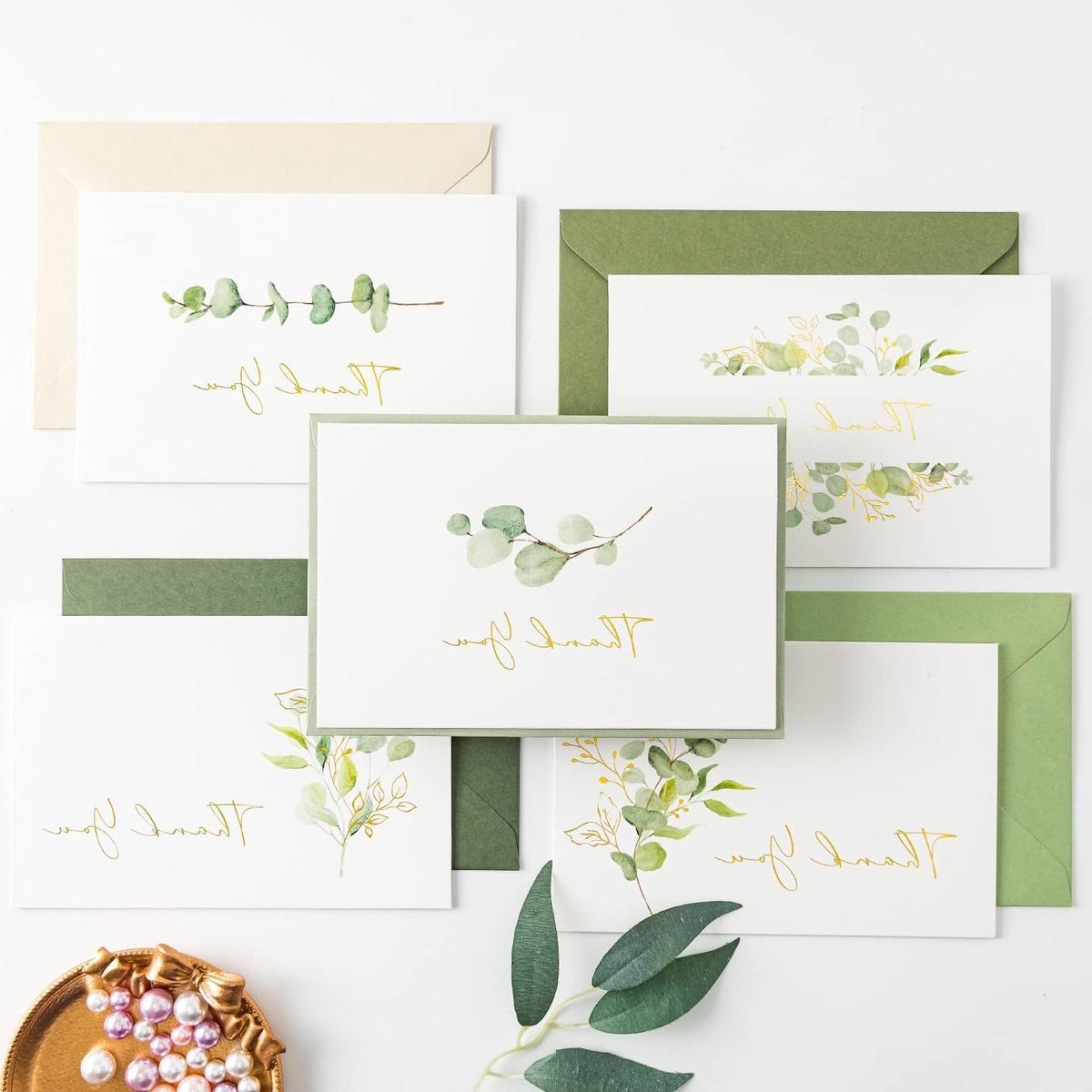 50x Luxe Bedankkaarten met Enveloppen - Eucalyptus Groen - Voor Bruiloft, Feest, Bedrijf & Meer