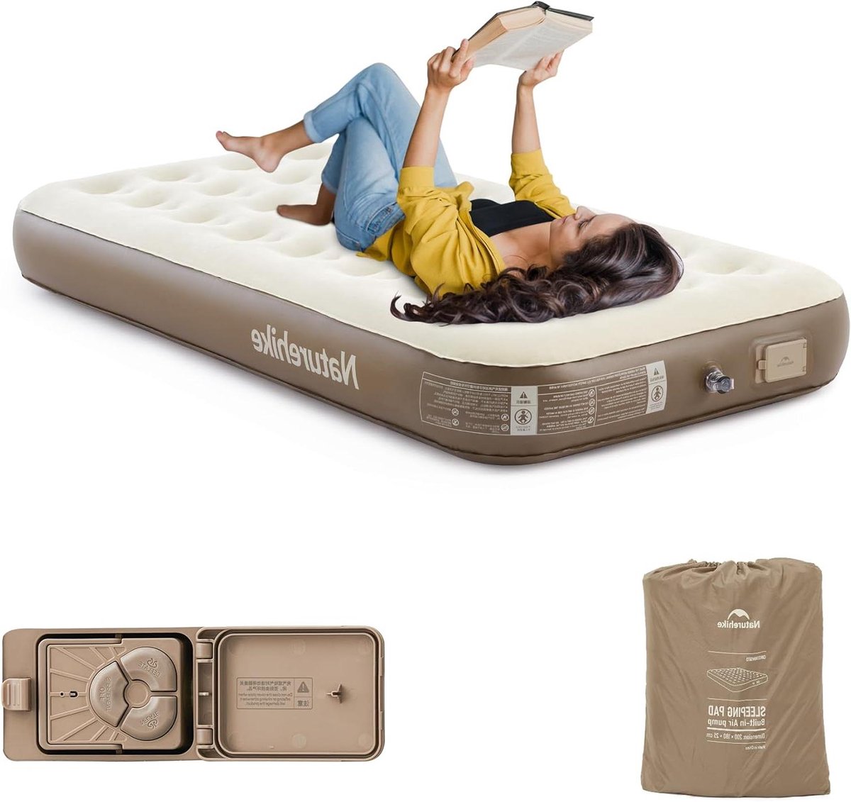 Luchtmatras met pomp - Zelfopblazend bed - Kamperen en reizen - Honingraatstructuur - 186 x 100 cm - Bruin