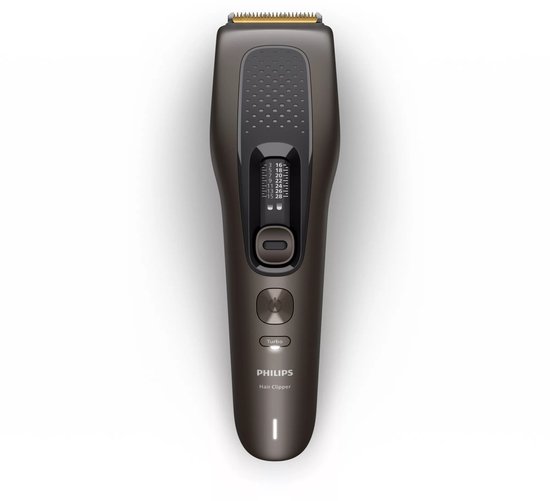 Donkergrijze Philips haartrimmer met digitaal display en turboknop.