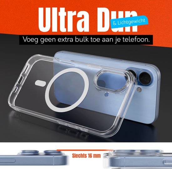 Ultra dun en lichtgewicht doorzichtig hoesje voor iPhone met MagSafe. Slechts 16mm dik.