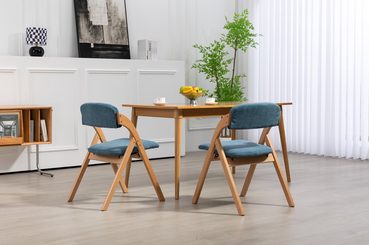 DESMIU Inklapstoel 52,5 x 60 x 79 cm - Set Van 2 Met Gestoffeerde Zitting En Afneembare Hoes - Voor Eetkamer En Gasten - Beukenhout Blauw