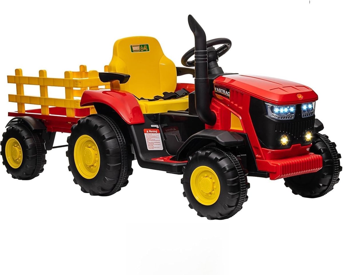 Elektrische Trekker voor Kinderen - 12V Ride-On Tractor met 2 Motoren - Elektrische Auto met Muziek & LED Koplampen - Afstandsbediening - Rood
