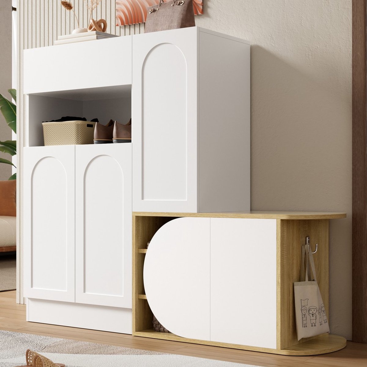 KOMHTOM Schoenenbank - Schoenenkast met Zitkussen - 1 Lade 5 Deuren - Wit Houtlook - Hal Entree Gang - Opbergruimte Schoenen - 130x35x110,5cm