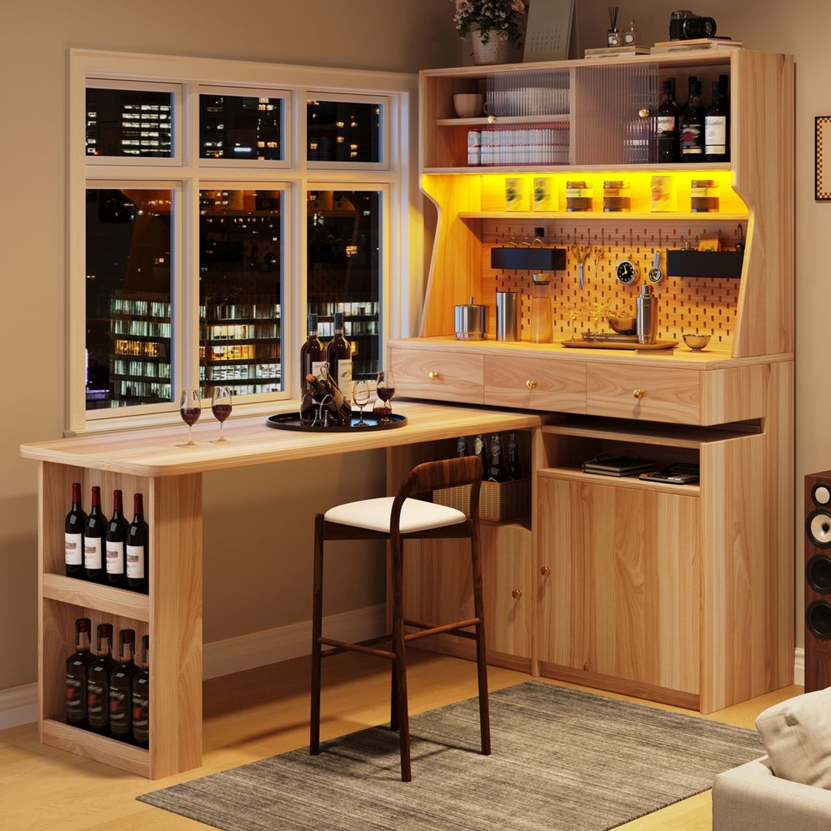 KOMHTOM Opbergkast met Bureau - Multifunctionele Kast met LED-Verlichting - App-Bediening - Glazen Deuren - Verstelbare Planken - Bartafel - Pegboard - Woonkamer Eetkamer - Natuurbruin - Zonder stoelen