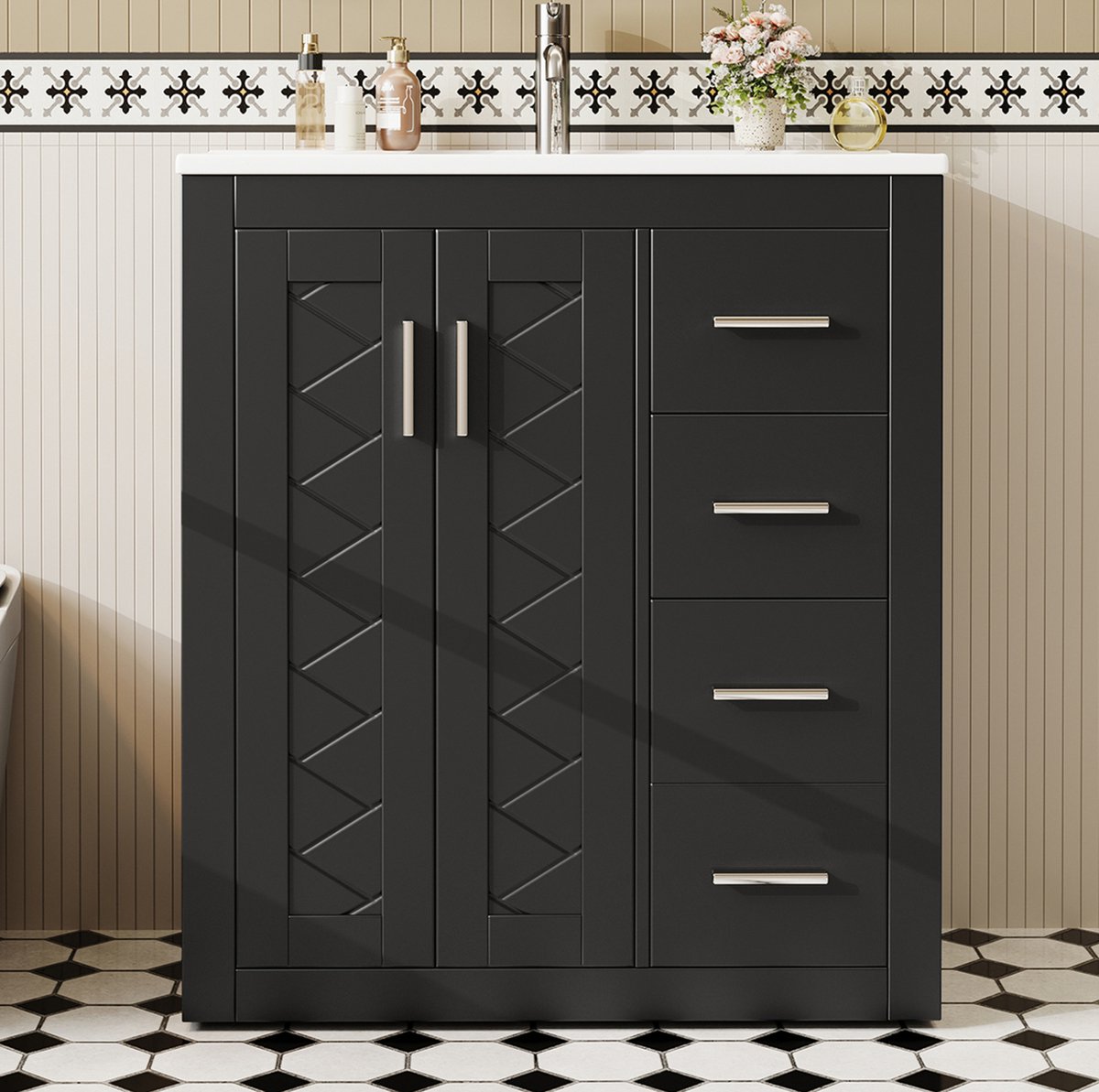 DESMIU Badkamermeubel - Staand Met Inbouw Wastafel En 3 Lades - 2 Deuren Met Soft-Close Voor Badkamer - MDF En Keramiek - 76x46,5x85,5 Cm - Zwart