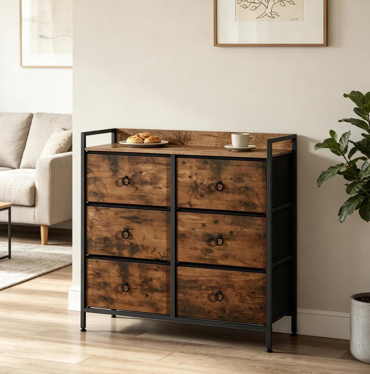 FloraGrace Dressoir - Opbergkast Met 6 Lades Voor Woonkamer, Slaapkamer En Hal - Houtlook En Metaal - 80 x 29 x 78 cm - Zwart Bruin