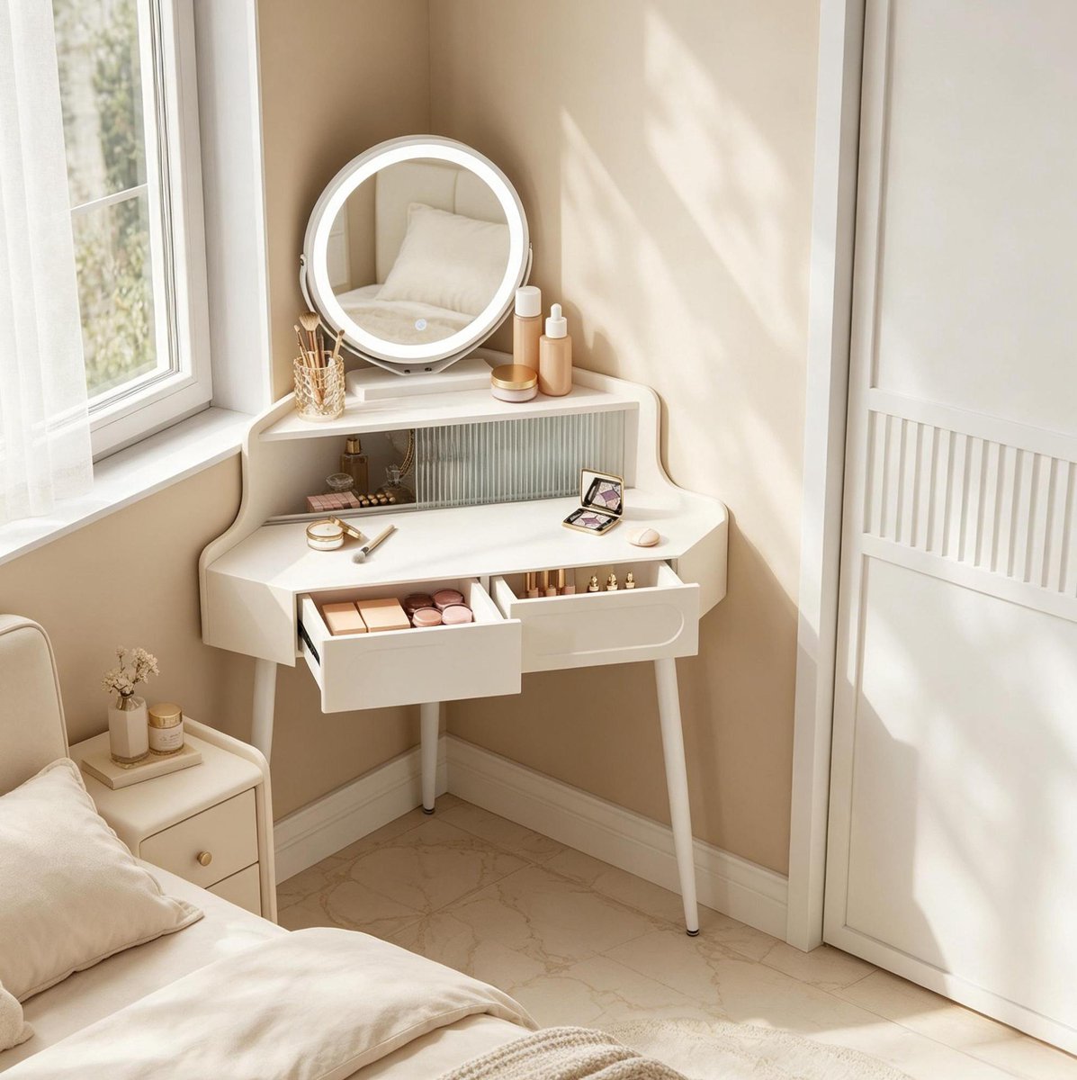 MIVRAY Kaptafel - Hoekdesign Met Dimbare Ronde Spiegel En 2 Lades - Ruimtebesparend Voor Kleine Slaapkamer - MDF En Wit - 99 x 139 x 63 Cm