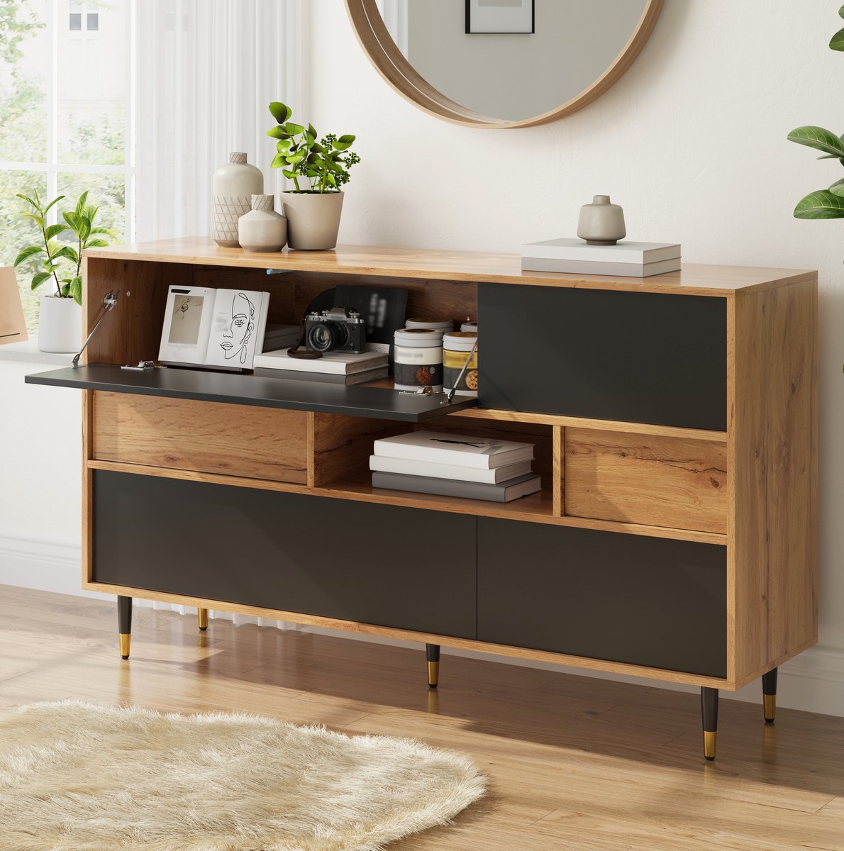 FloraGrace Dressoir - Tweekleurig Met 2 Laden En Open Middenvak - Voor Woonkamer Of Hal - MDF En Spaanplaat - 140x40x84,5 Cm - Zwart Naturel