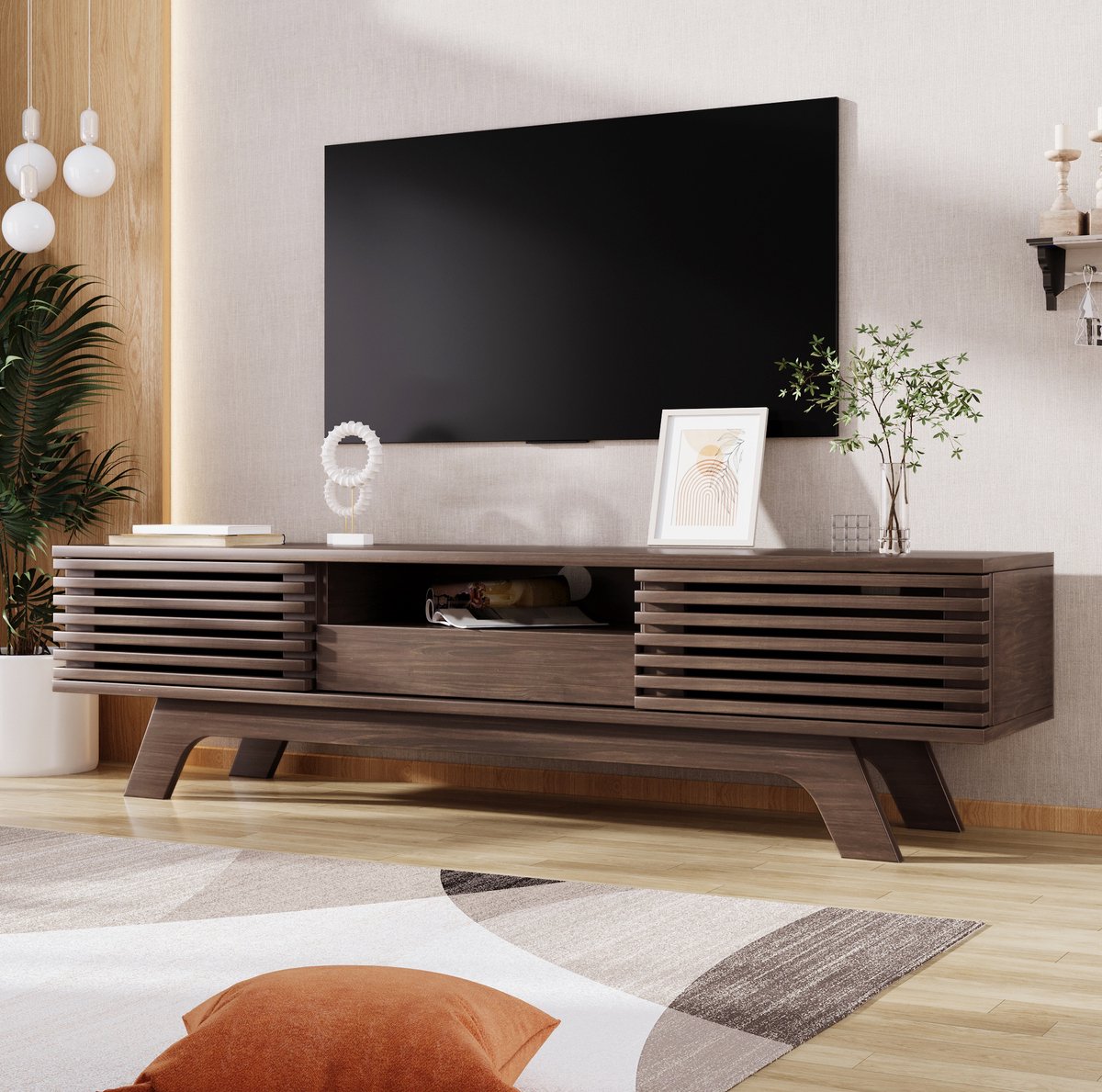 HAUSS SPOLE Dressoir - Tv Kast Met 2 Deuren En Lade - Open Vakken Voor Woonkamer - Spaanplaat In Natuurlijke Houtkleur - 150x35x44 Cm