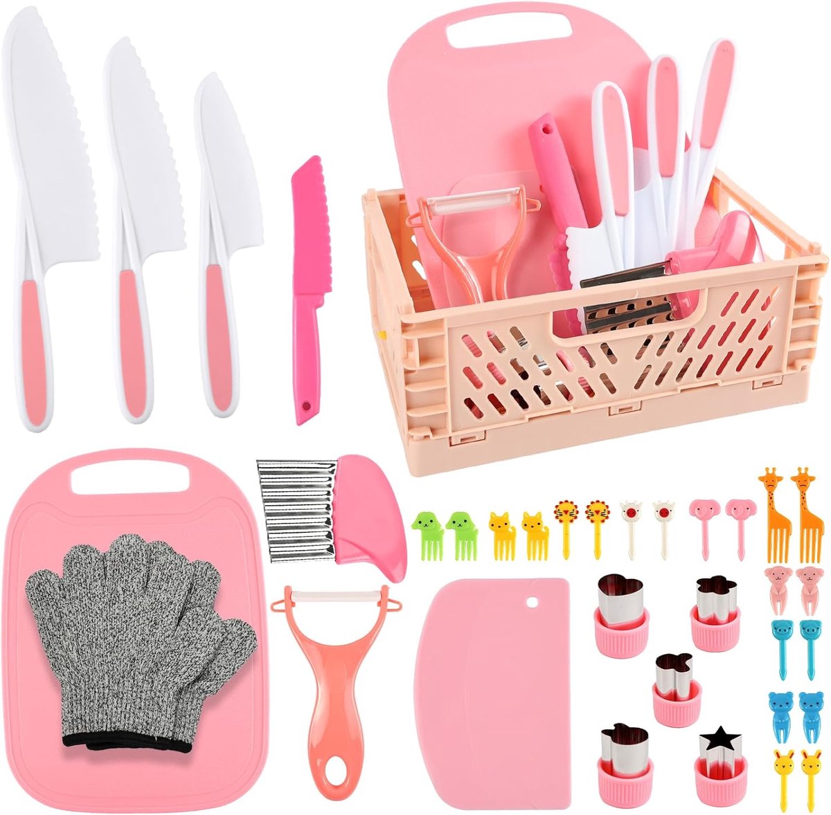 SnelShoppen - 35-delige Kookset voor Kinderen, Roze - Veilig Kinder Keukenmessen Set met Plastic Messen en Snijders voor Leren Koken, Ideaal voor Fees