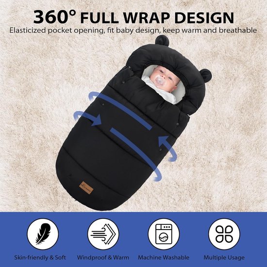SnelShoppen - Baby Voetenzak Universeel voor Kinderwagens - Winter Voetenzak voor Alle Buggy's - Wasmachinebestendig - 90 x 52 cm - Zwart van Snelshoppen — afbeelding 2