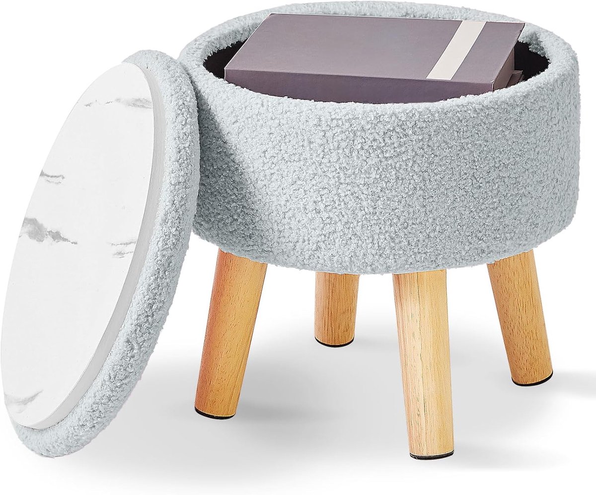 Thijox - 33 cm Kleine Voetenbank Ottomaan met Opbergruimte, Ronde Pouffe Voetsteun van Teddy Fluweel, Gewatteerde Zitting, Houten Poten voor Woonkamer