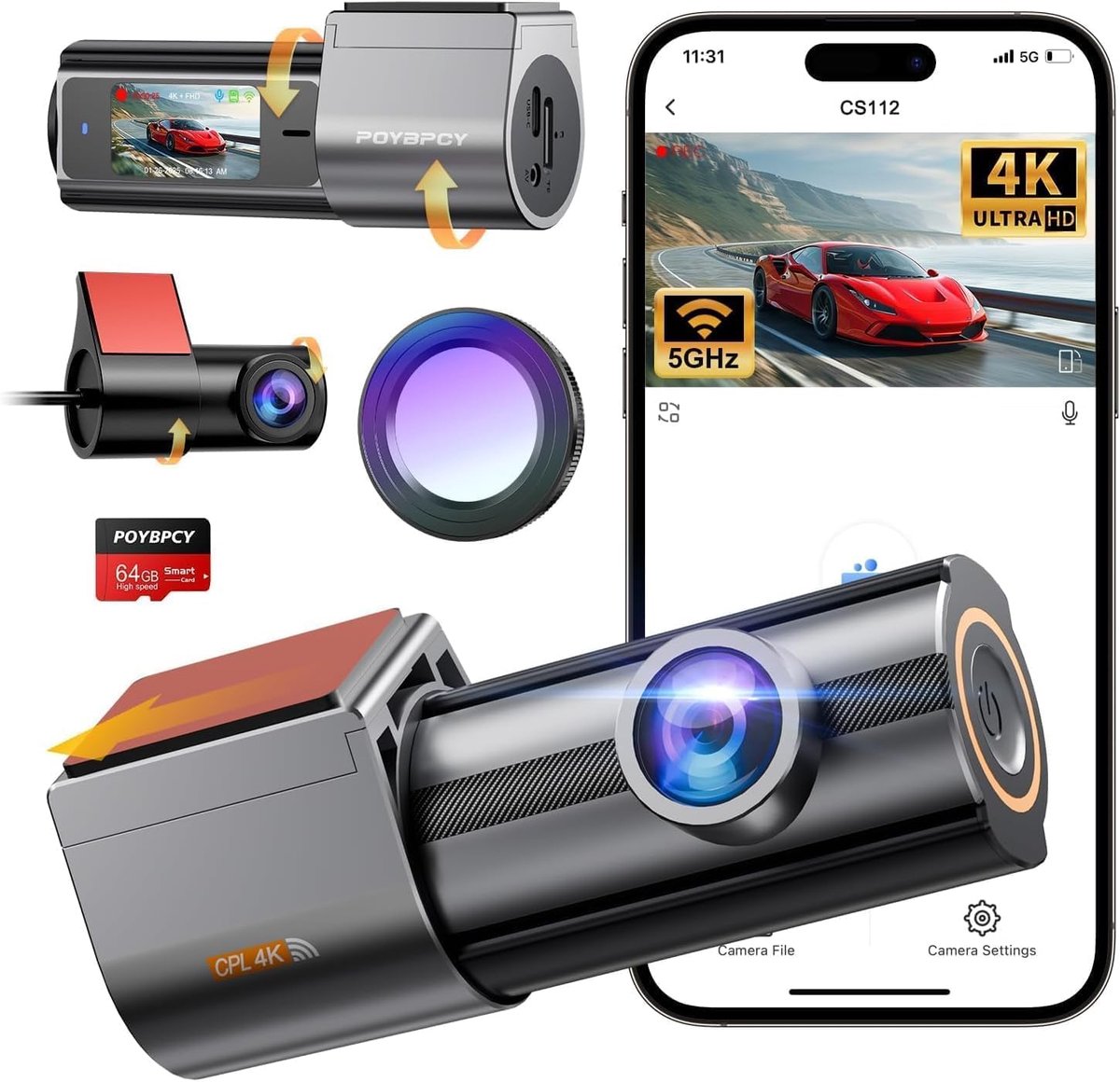 Thijox - Dashcam Auto 4K+1080P met CPL, 5G WiFi, 360° Draaibaar, Voor en Achter, 170° Groothoek, G Sensor, Super Nachtzicht, 24H Parkeren Bewaking, 64