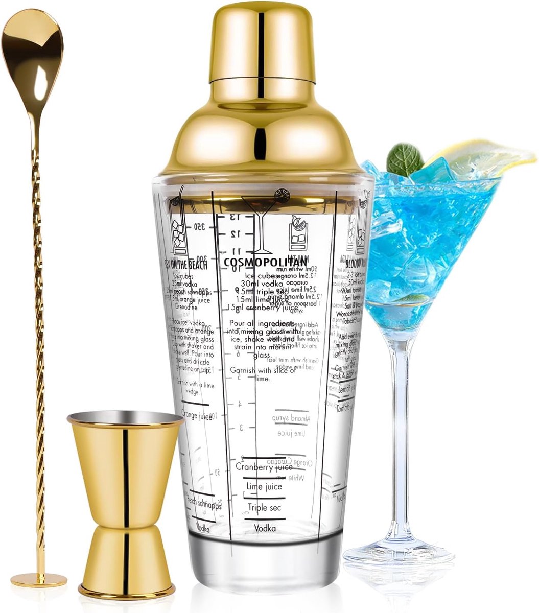 Thijox - 14oz Cocktail Shaker Set van Glas, Professionele Margarita Mixer Shaker met Zeef en Maatlepel, 3-delige Bar Gereedschap Set voor Barman en Be