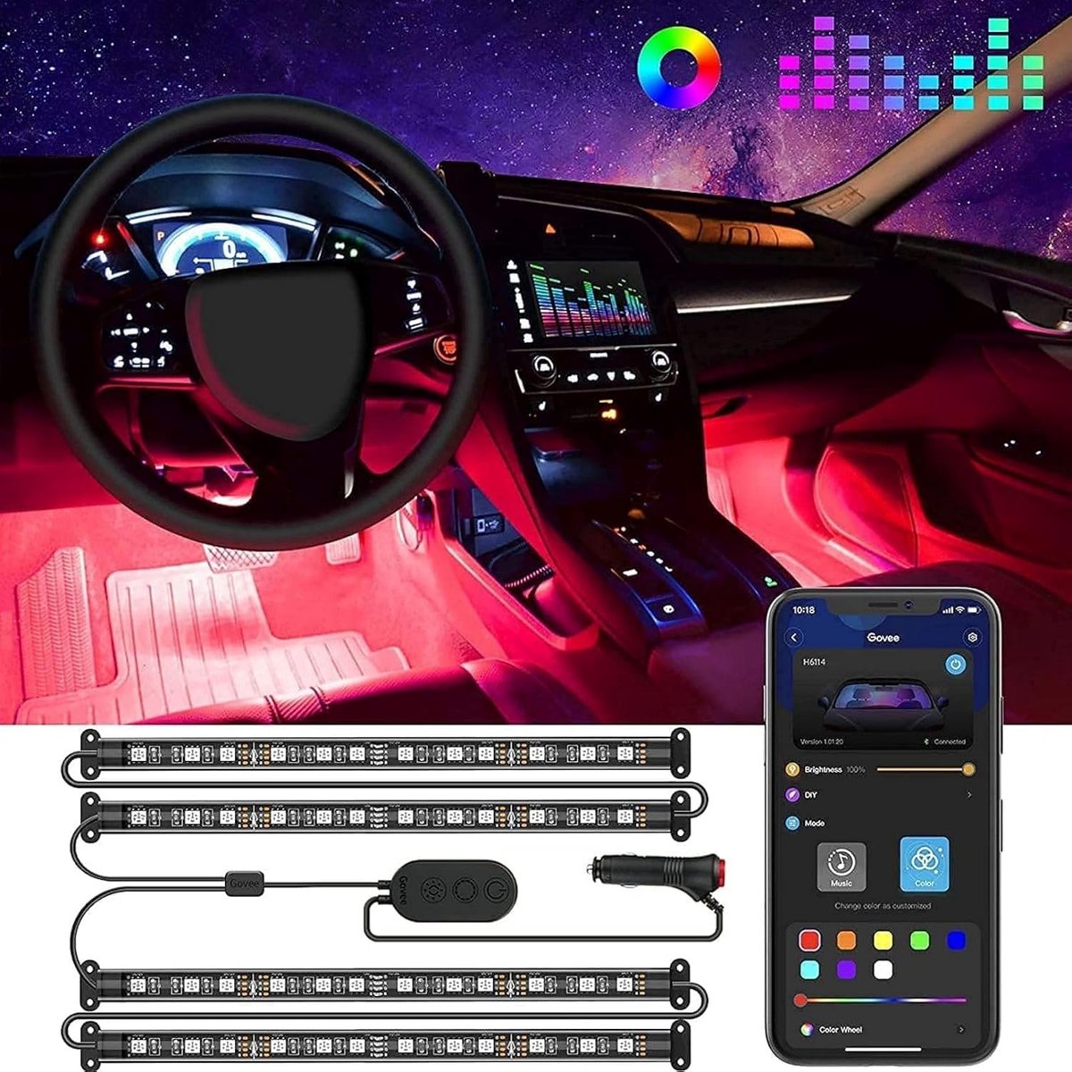 Thijox - LED-auto-interieurverlichting Set - 4-delige 48 LED-strip - Waterdichte APP Regelbare Veelkleurige Muziekverlichting - Eenvoudige Installatie