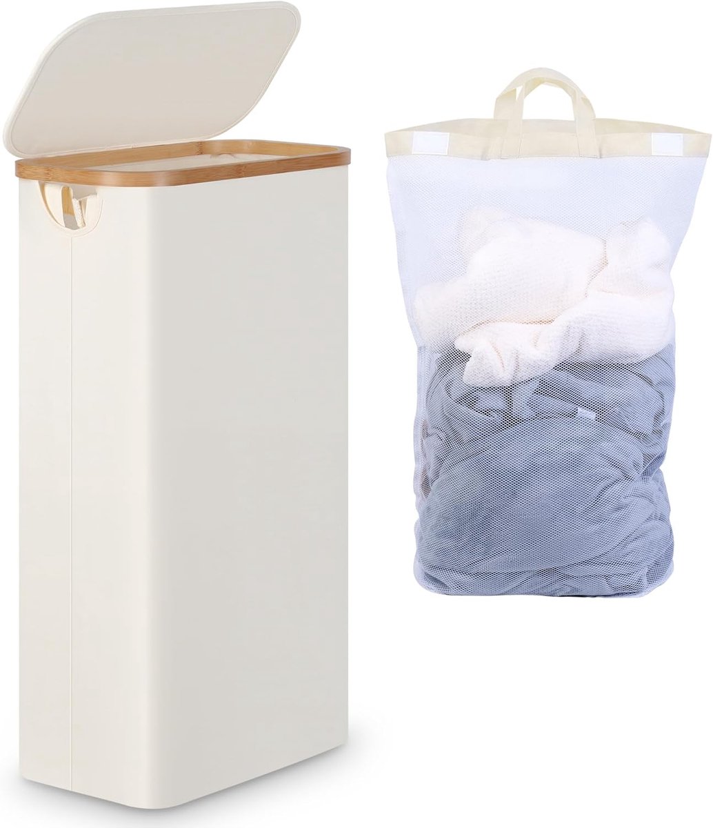 Thijox - Efluky Wasmand Smal 63 Liter Beige met Deksel, Opvouwbare Wasmand met Bamboe Handgrepen en Afneembare Tas voor Wasruimte, Slaapkamer en Badka